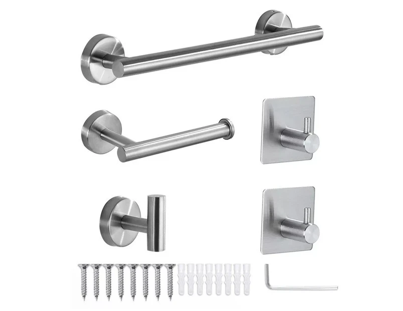 5 Pieces Bathroom Hardware Accessories Set Towel Rack Paper Holder Hook Adhesive Hook Multifunction Bathroom Set Silver