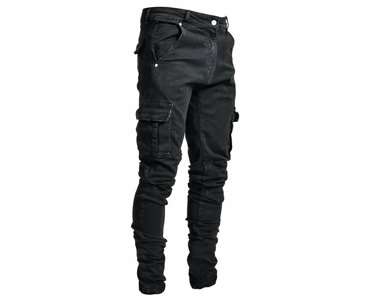 Mens Pockets Cargo Combat Denim Pants Skinny Jeans Casual Slim Jogger Trousers Bottoms - Black