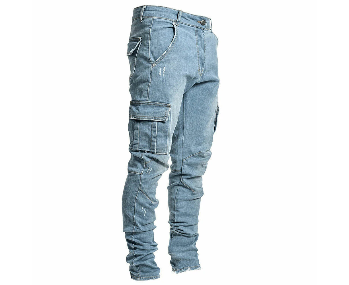 Mens Pockets Cargo Combat Denim Pants Skinny Jeans Casual Slim Jogger Trousers Bottoms - Blue