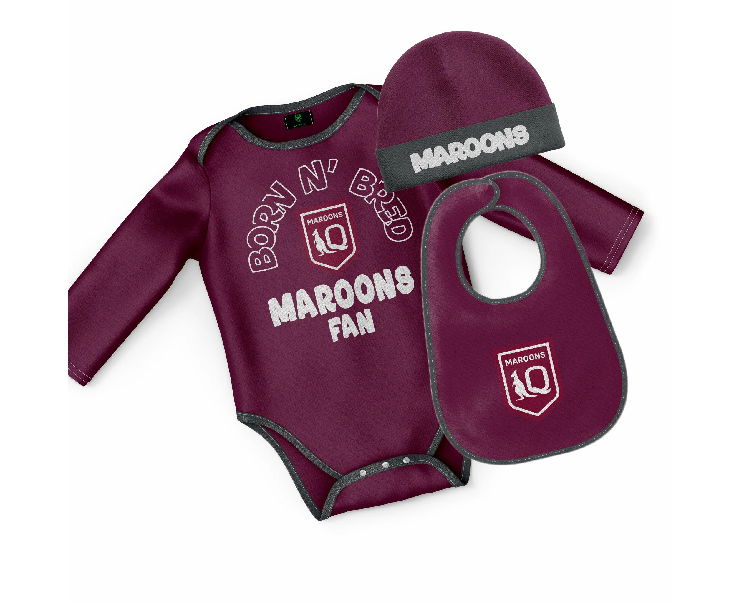 QLD Maroons State Of Origin Baby Infant Romper Beanie Bib 3pc Gift Set size 3X0