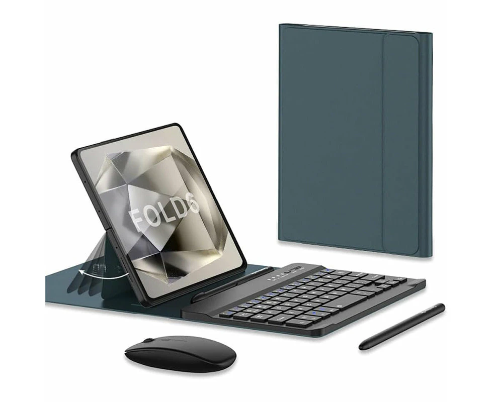 WASSUP for Samsung Galaxy Z Fold 6 5 4 3 2 Leather Folding Stand Keyboard Case with Capacitive Pen & Mouse-Green