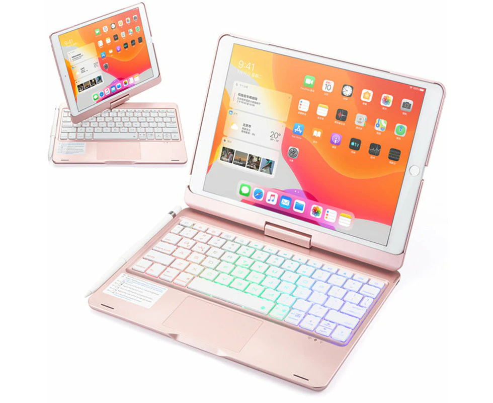 WASSUP For iPad 7th/8th/9th Gen Keyboard Case 360° Rotatable Touchpad and 7 Color Backlight & Pencil Holder-Rose Gold