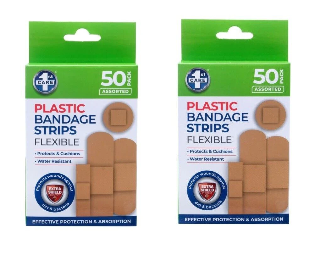 100pk Bandage Strips Water Resistant Assorted Sizes Plastic PVC Adhesive