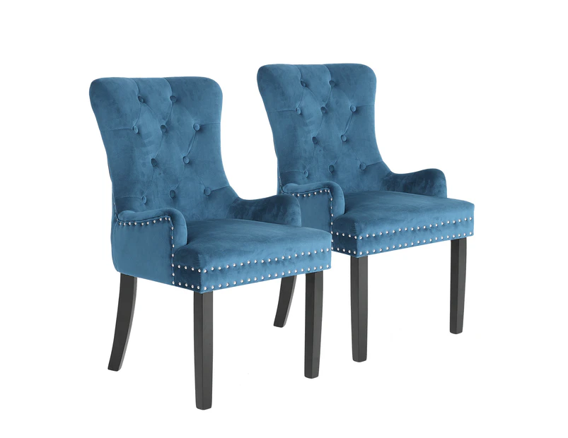 La Bella 2 Set Navy Blue French Provincial Dining Chair Ring Studded Lisse Velvet Rubberwood