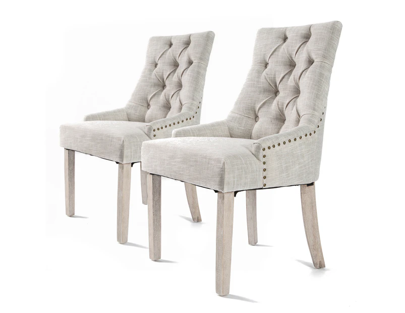 La Bella 2 Set French Provincial Dining Chair Amour Oak Fabric Studs Retro - Cream