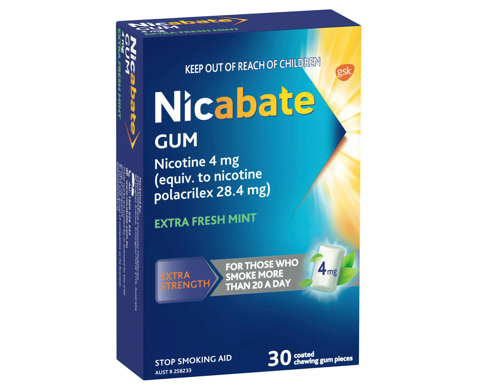 Nicabate Gum Stop Smoking Nicotine 4mg Extra Strength Extra Fresh Mint Coated Chewing Gum 30 Pack