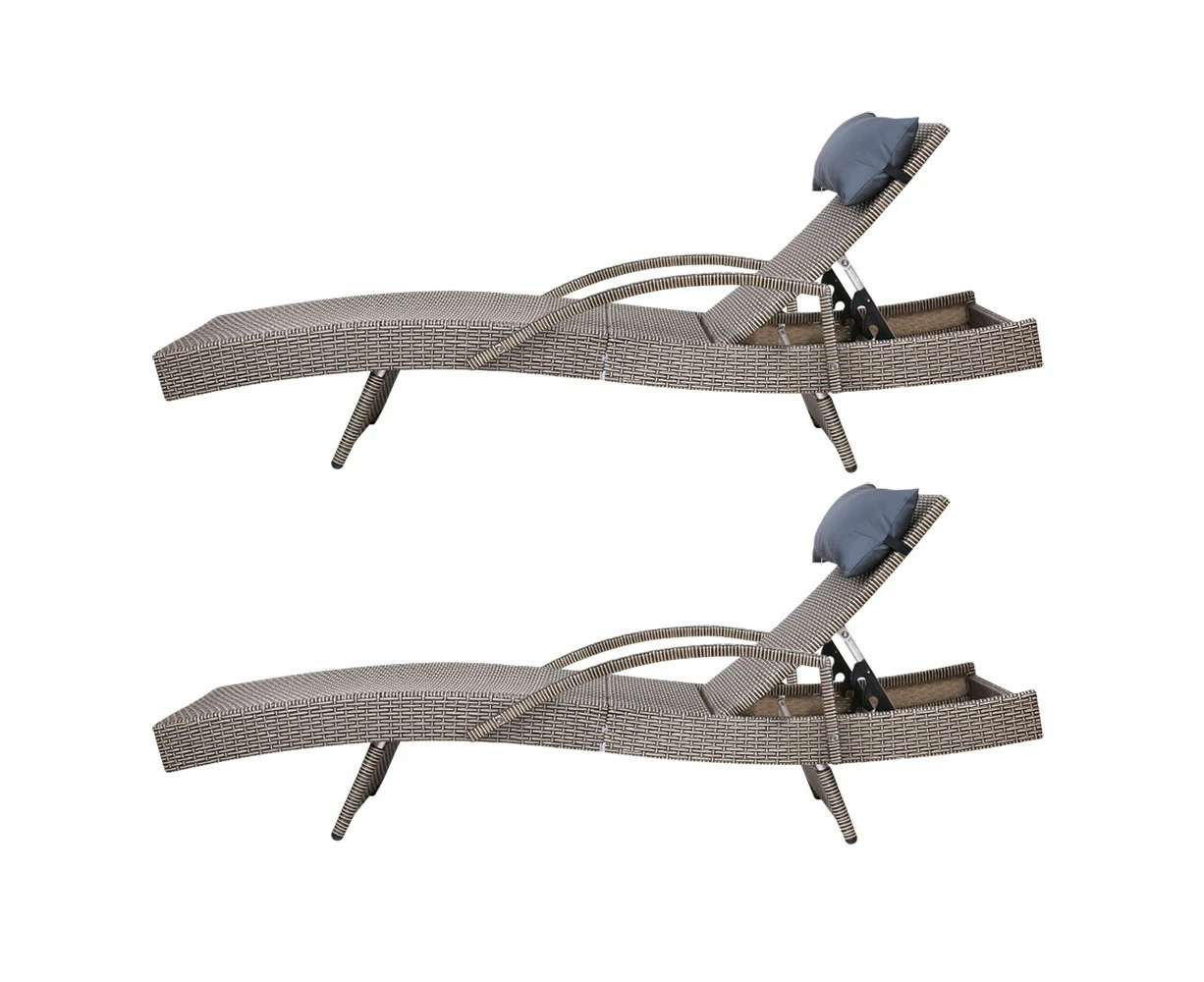 Set of 2 Sun Lounge Wicker Lounger Outdoor Furniture Beach Armchair Adjustable  - Grey&Beige