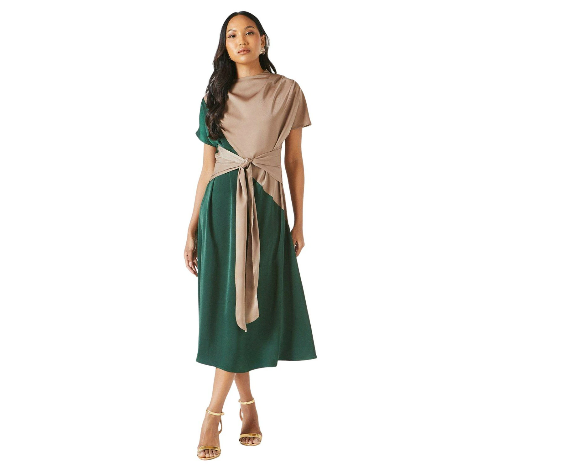 Principles Womens Contrast Tie Belt Midi Dress (Green) - DH7601