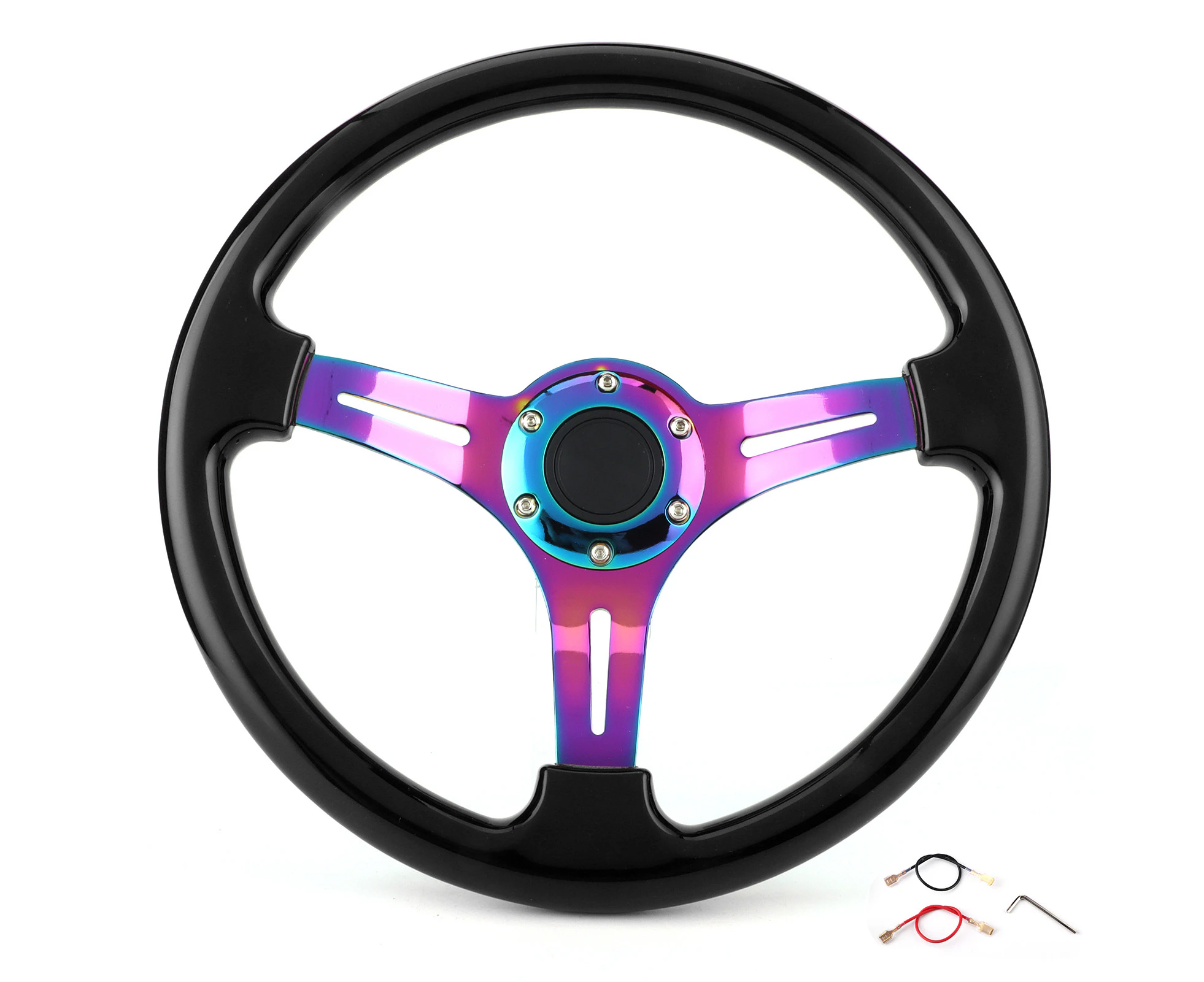 Racing Steering Wheel Replacement 350mm Dia Universal Deep Dish 6?Hole Black W/Horn Wire