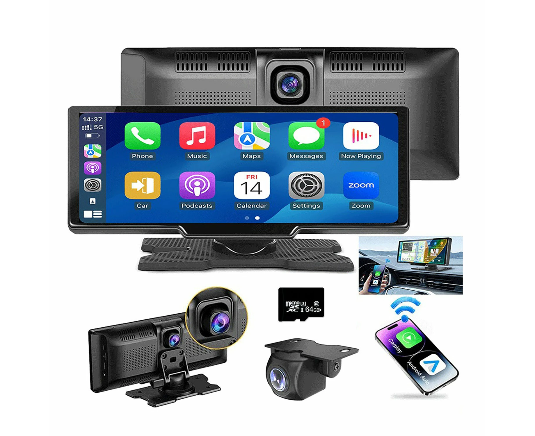 Wireless Apple Android Carplay Dual Dash Cam Front Rear Camera With 64g Card