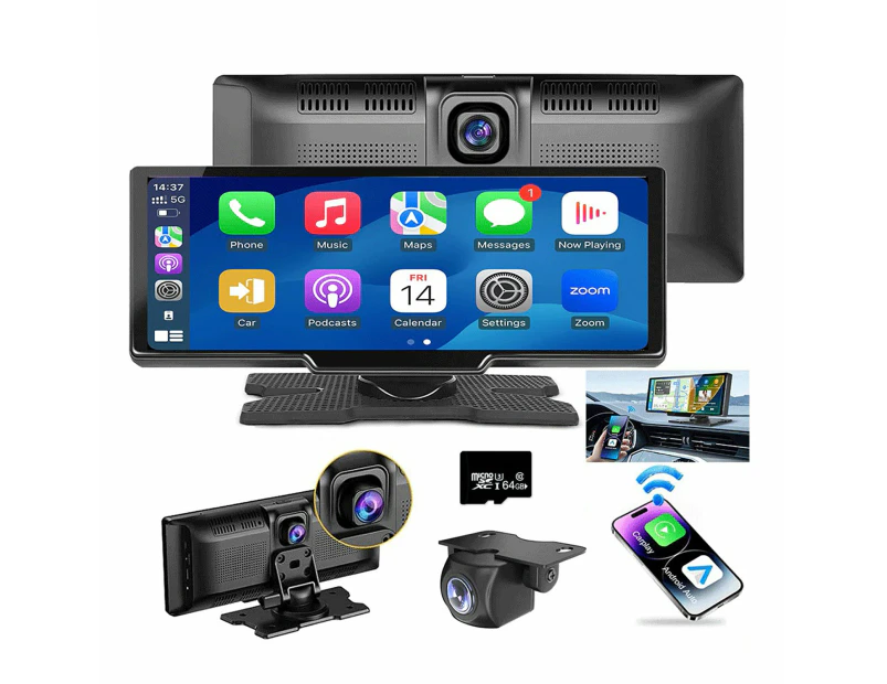 Wireless Apple Android Carplay Dual Dash Cam Front Rear Camera With 64g Card