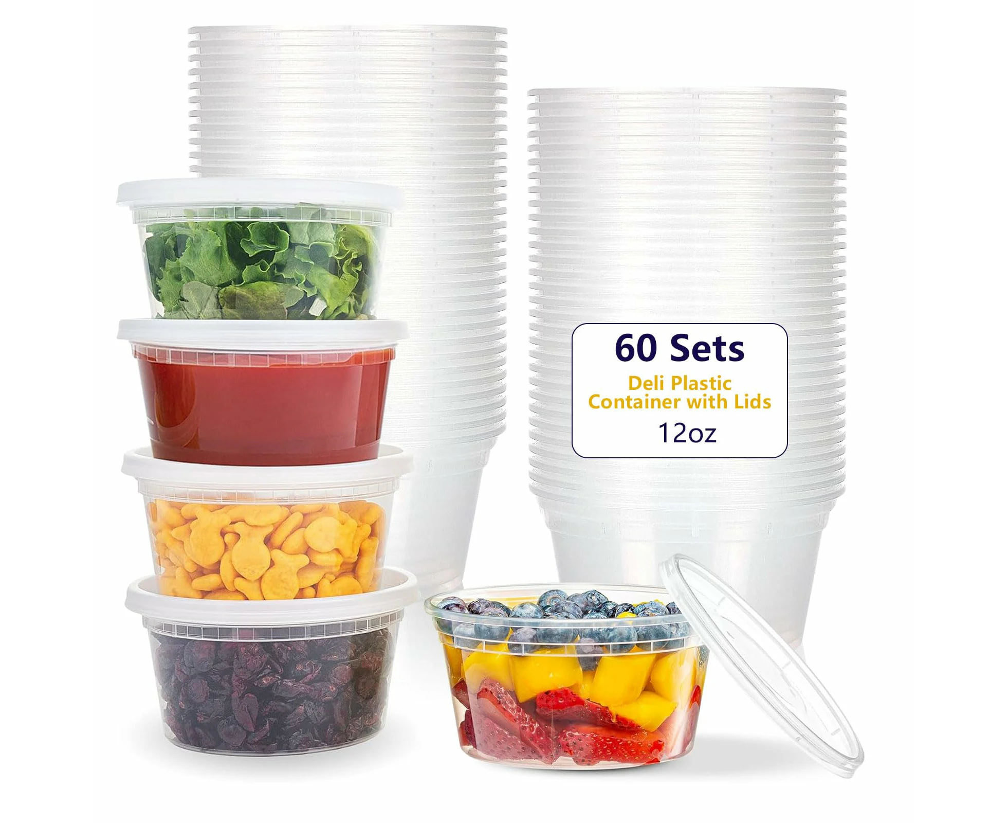 60-Pack 12 oz Plastic Food Storage Containers with Airtight Lids for Soups, Sauces, Salads, and Meal Prep, Microwave, Freezer & Dishwasher Safe ,BPA-Free