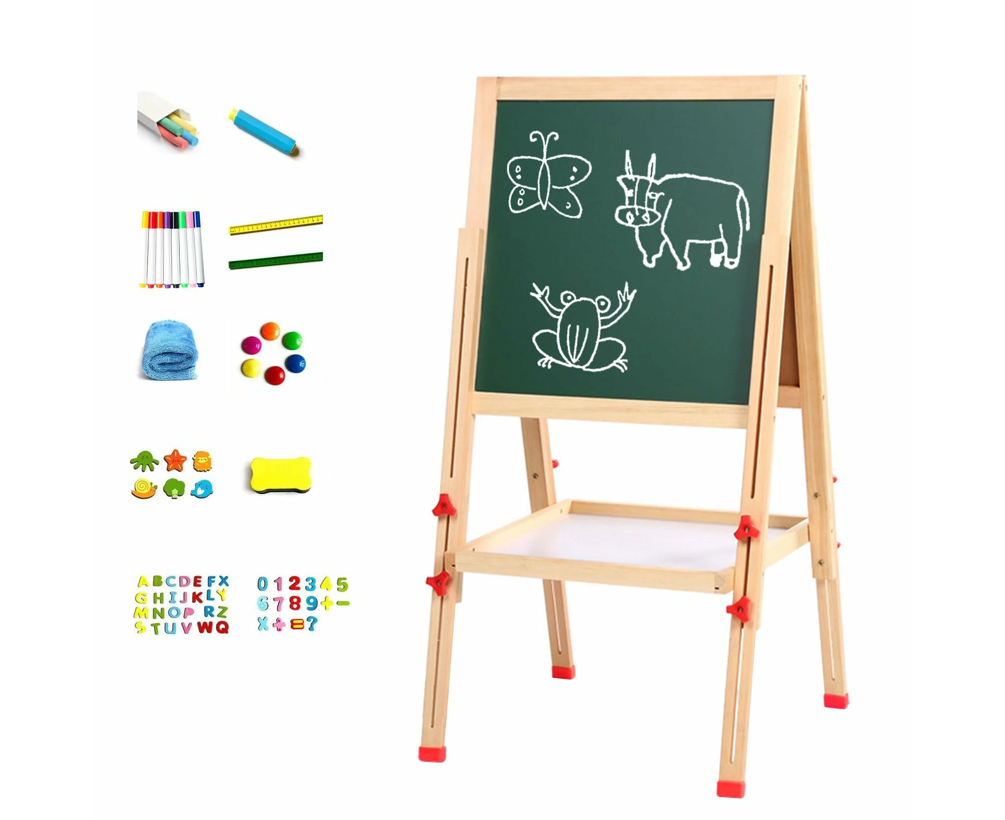 Kids Art Easel for kids - Adjustable Height from 60cm-108cm, Double-Sided Magnetic Whiteboard & Chalkboard, Solid Wooden Standing Design Easel, 45x35cm