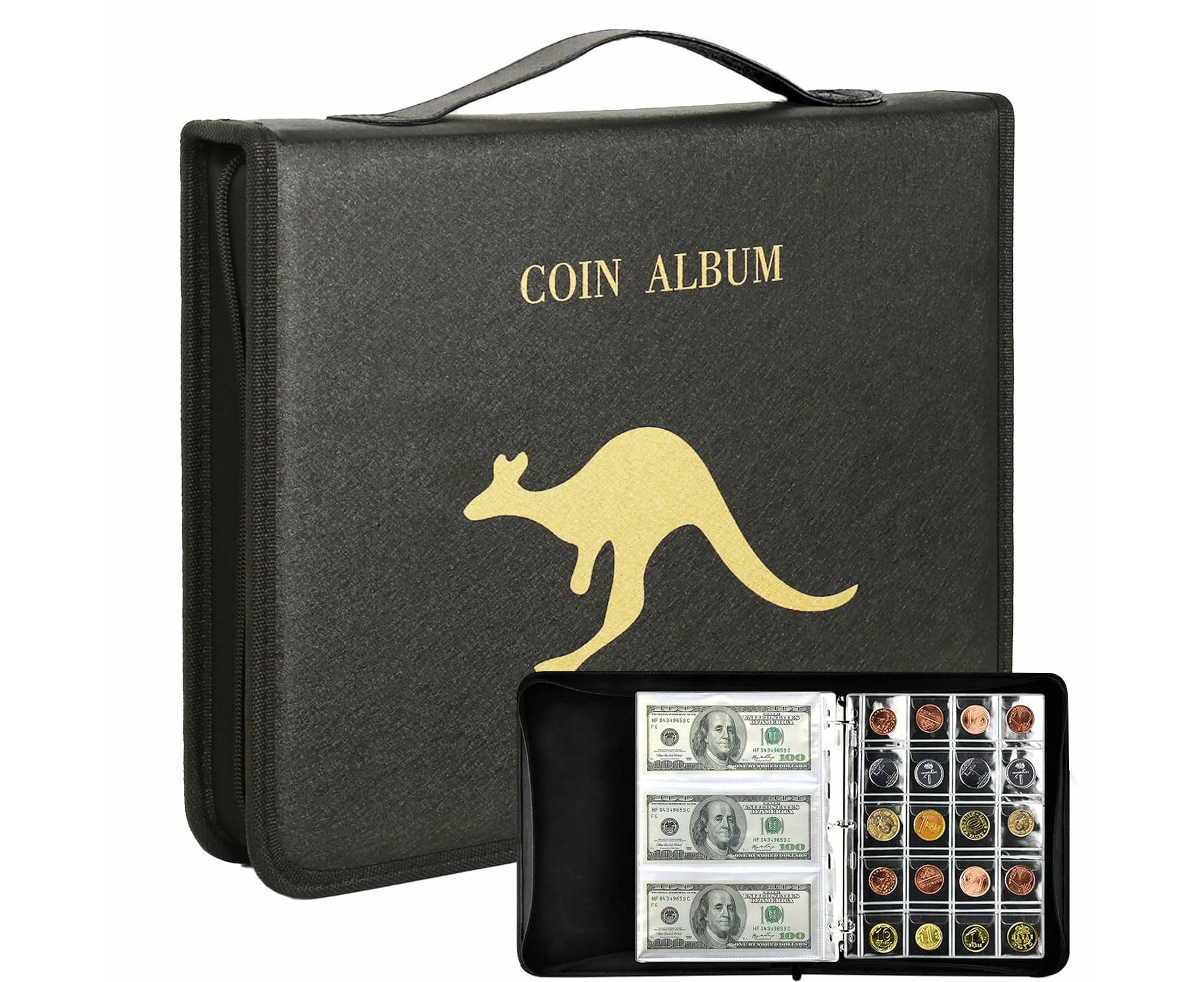 Coin Collection Book Holder for Collectors 260 Coin Pockets + 30 Bill Sleeves Coin Collection Storage for Pennies Bills with Secure Zipper & Handy Handle.