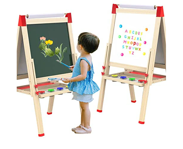 Deluxe Kids Art Easel for Kids 3-8 Years - 3 in 1 Double-Sided Standing Design with Magnetic Whiteboard Chalkboard Dry-Erase Board - Toddler Easel ,55x55cm