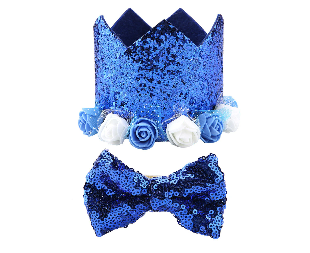 Fashionable Christmas Birthday Party Shiny Flower Crown Hat Bow Tie Set Sapphire