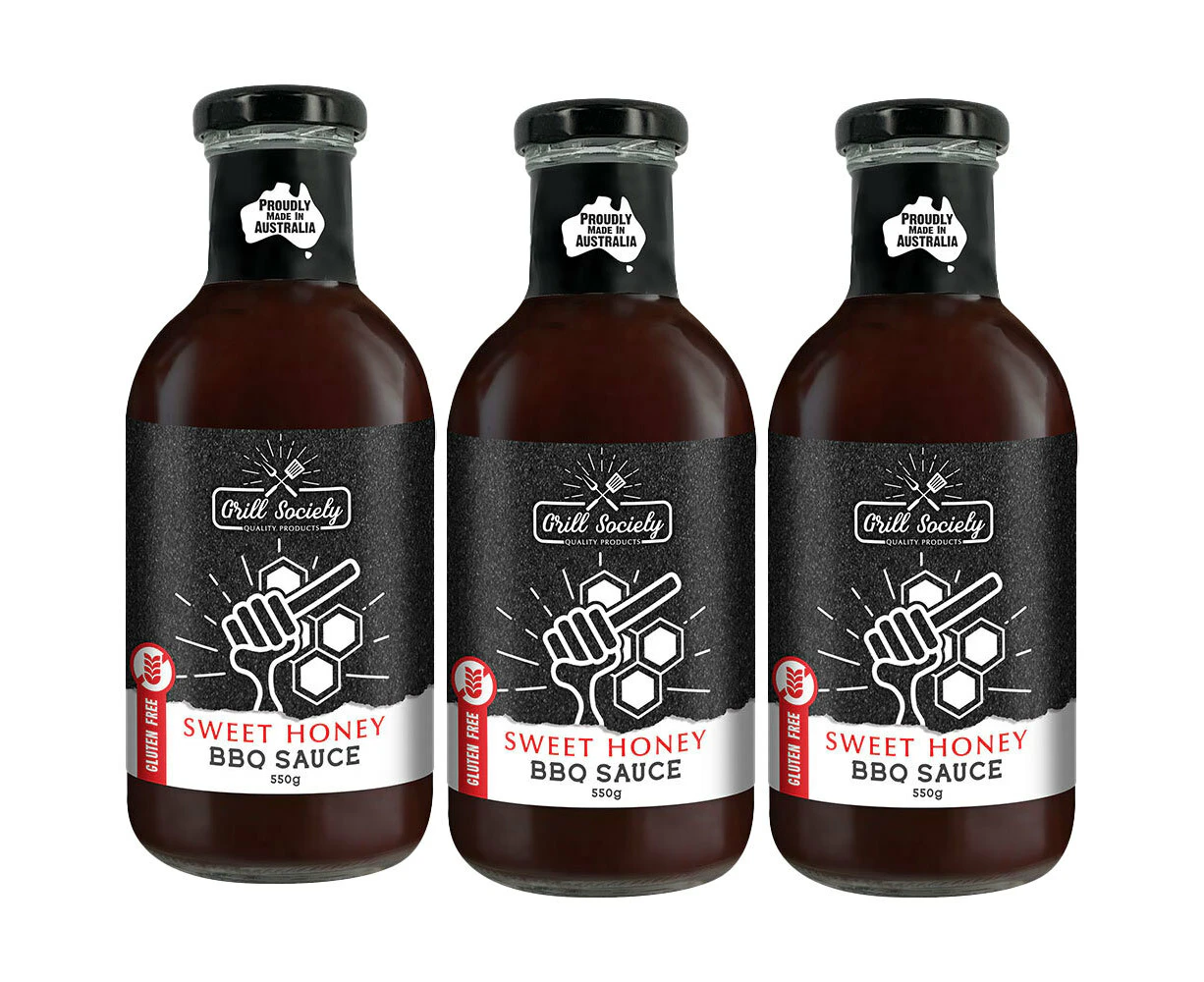 3x Grill Society BBQ Sweet Honey Sauce Gluten Free Condiment Meat Glaze 550g