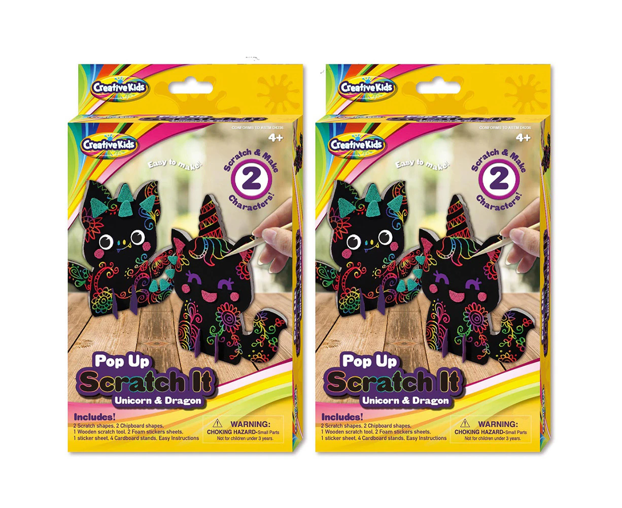 2x Creative Kids Pop Up Scratch It Unicorn & Dragon Activity Art Craft Play 4y+