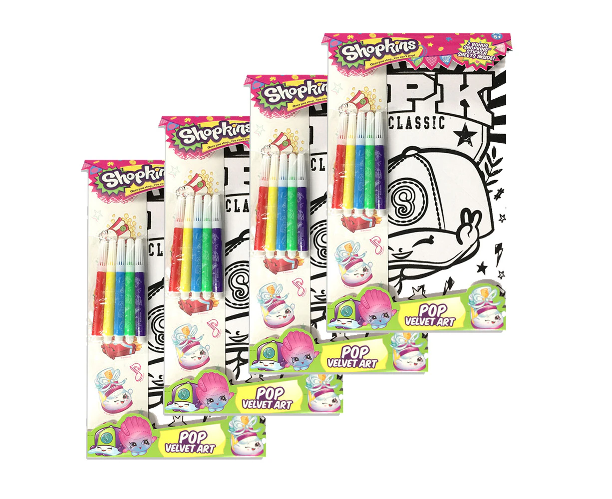 4x Shopkins Pop Velvet Art Kids Craft Kit Colouring Sheet w/Markers/Stickers 5y+