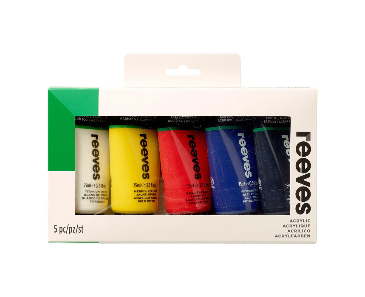 5pc Reeves Fine Artist Acrylic Primary Paint Arts And Crafts Tube Set 75ml