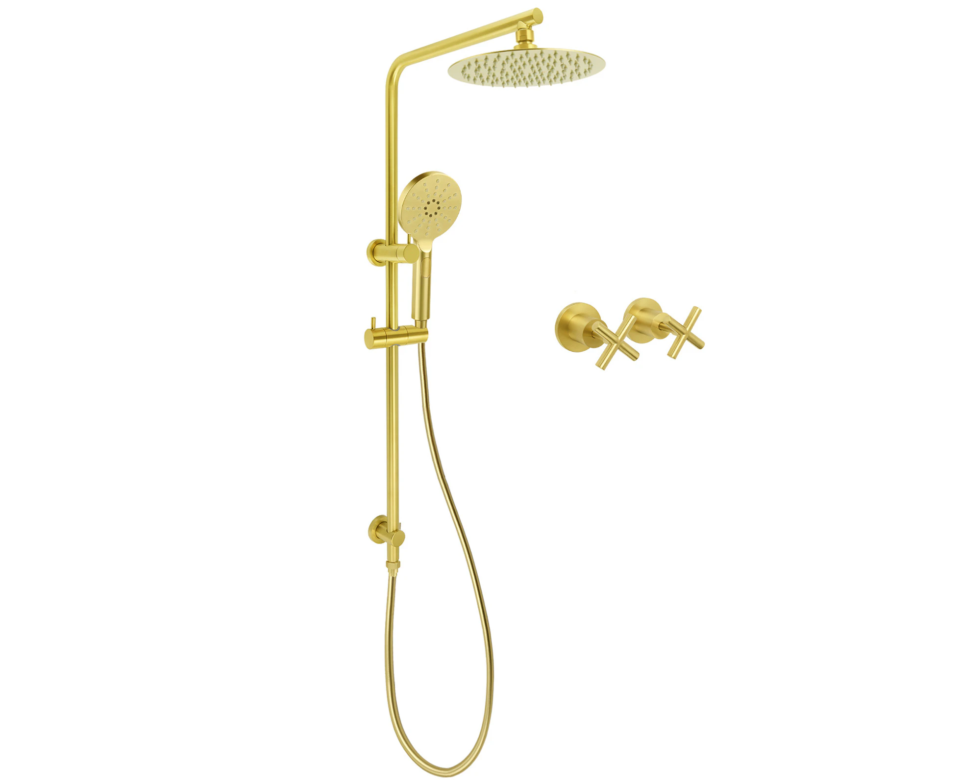 Brushed Gold Twin Shower Set 8" Round Head 3 Modes Handheld Sliding Rail Arm Classic Mixer