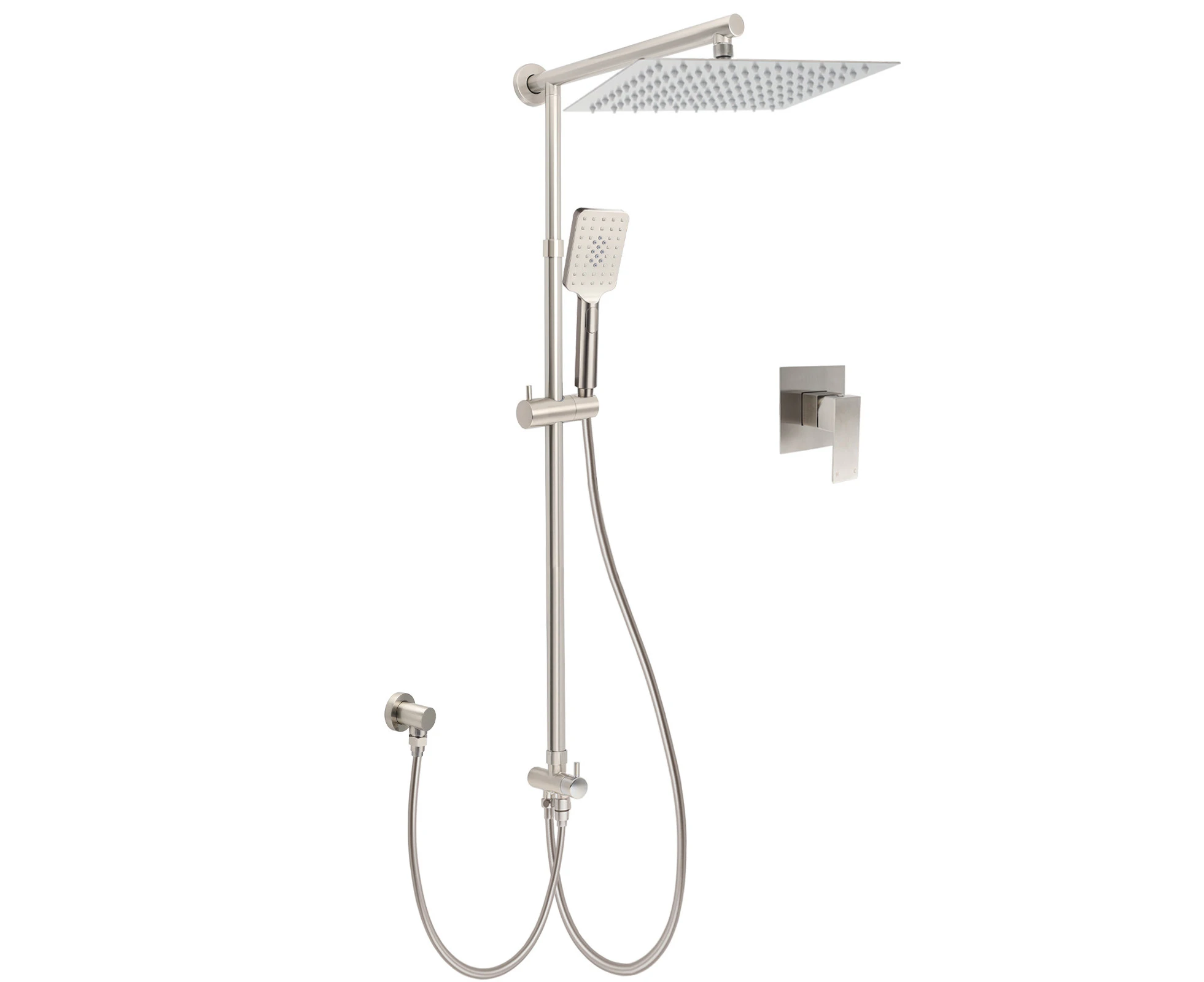 WELS Brushed Nickel 12" Rain Head Shower Square 3 Modes Handheld Sliding Rail Arm Mixer Dual Set