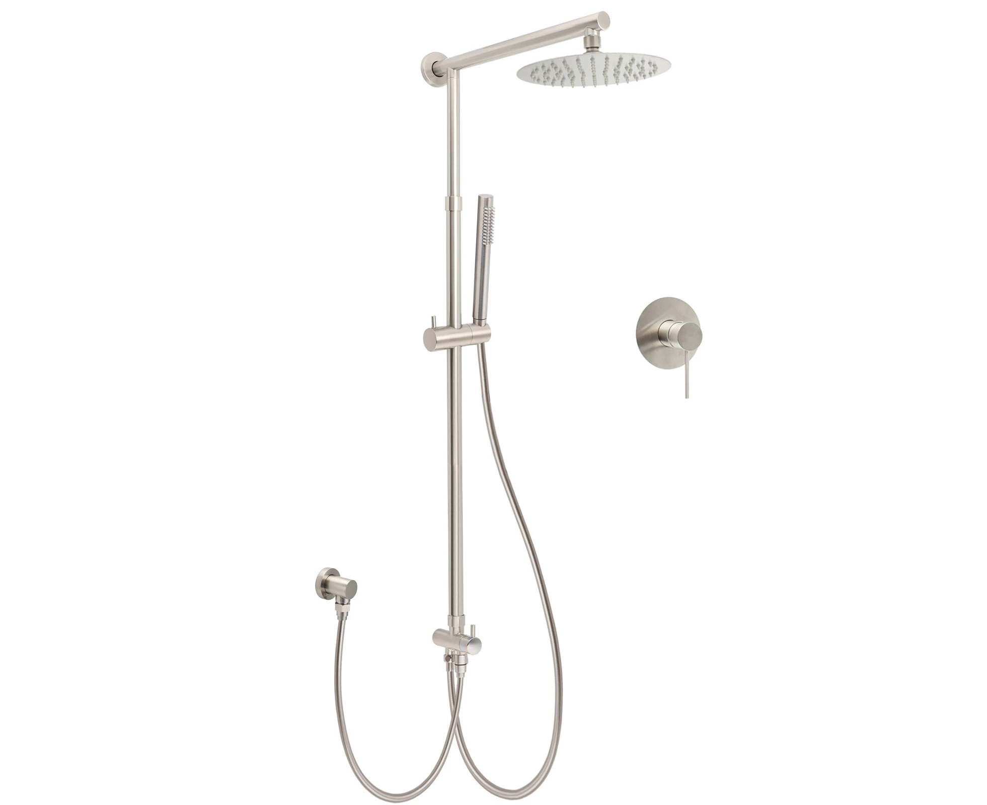 Brushed Nickel Round 8" Rain Head Shower 1 Mode Handheld Sliding Rail Arm Mixer 2in1 Set