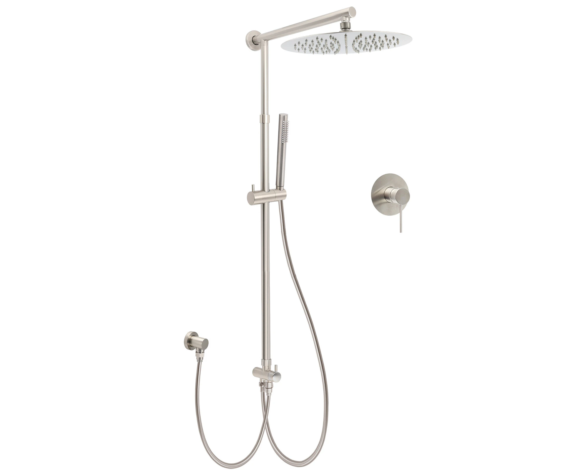 Brushed Nickel Round 12" Rain Head Shower Single Mode Handheld Sliding Rail Arm Mixer 2in1 Set