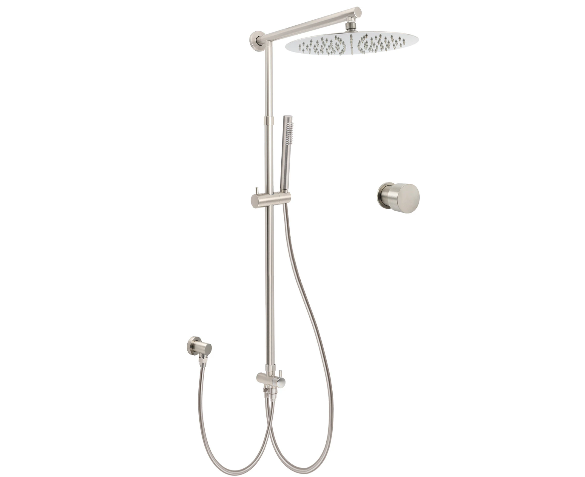 Brushed Nickel 12" Large Rain Head Twin Shower Handheld Rose Sliding Rail Arm Set With Mixer