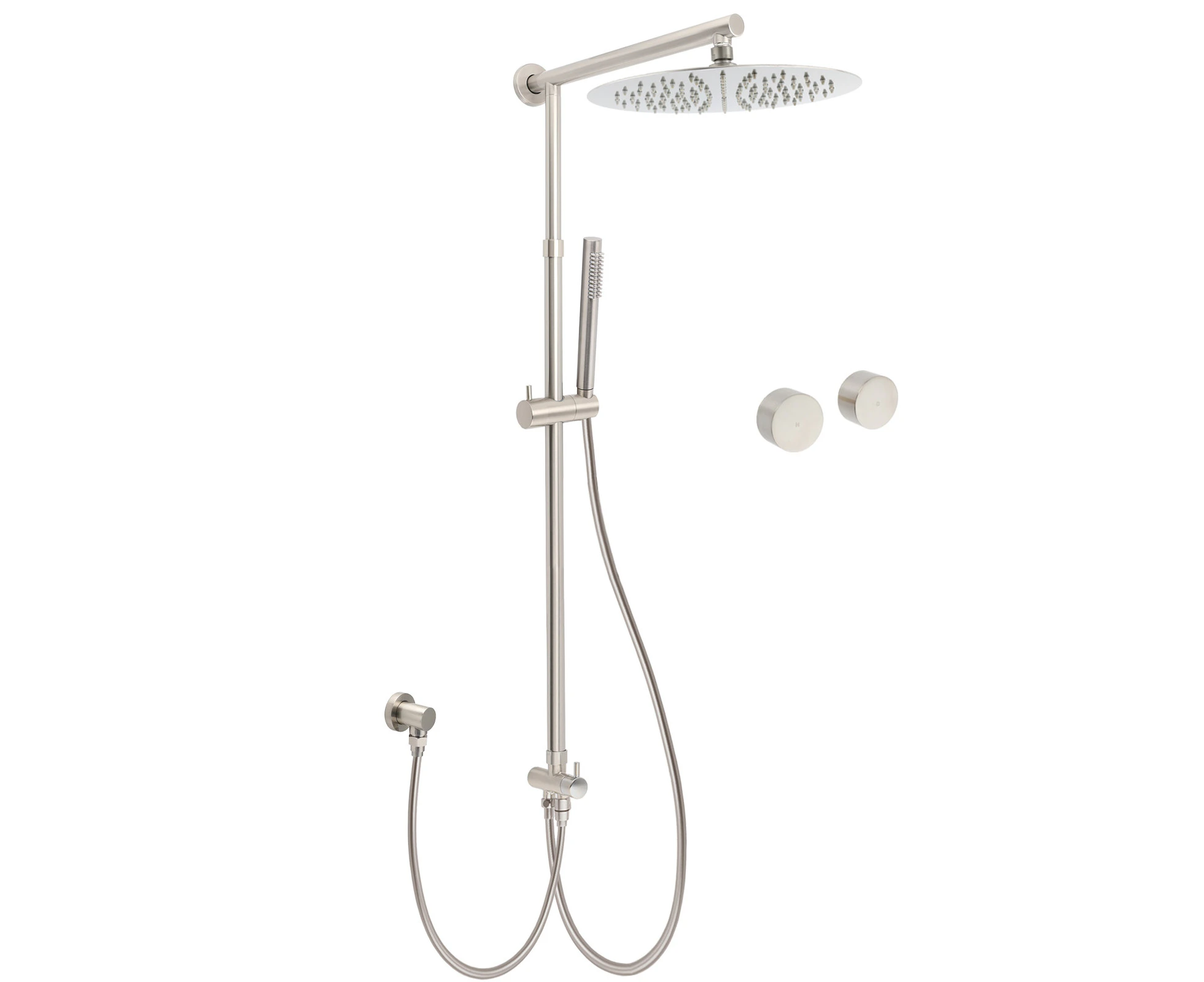 Brushed Nickel Round 12" SUS Rain Head Metal Handheld Shower Sliding Rail Arm Chrome Set + Twin Taps