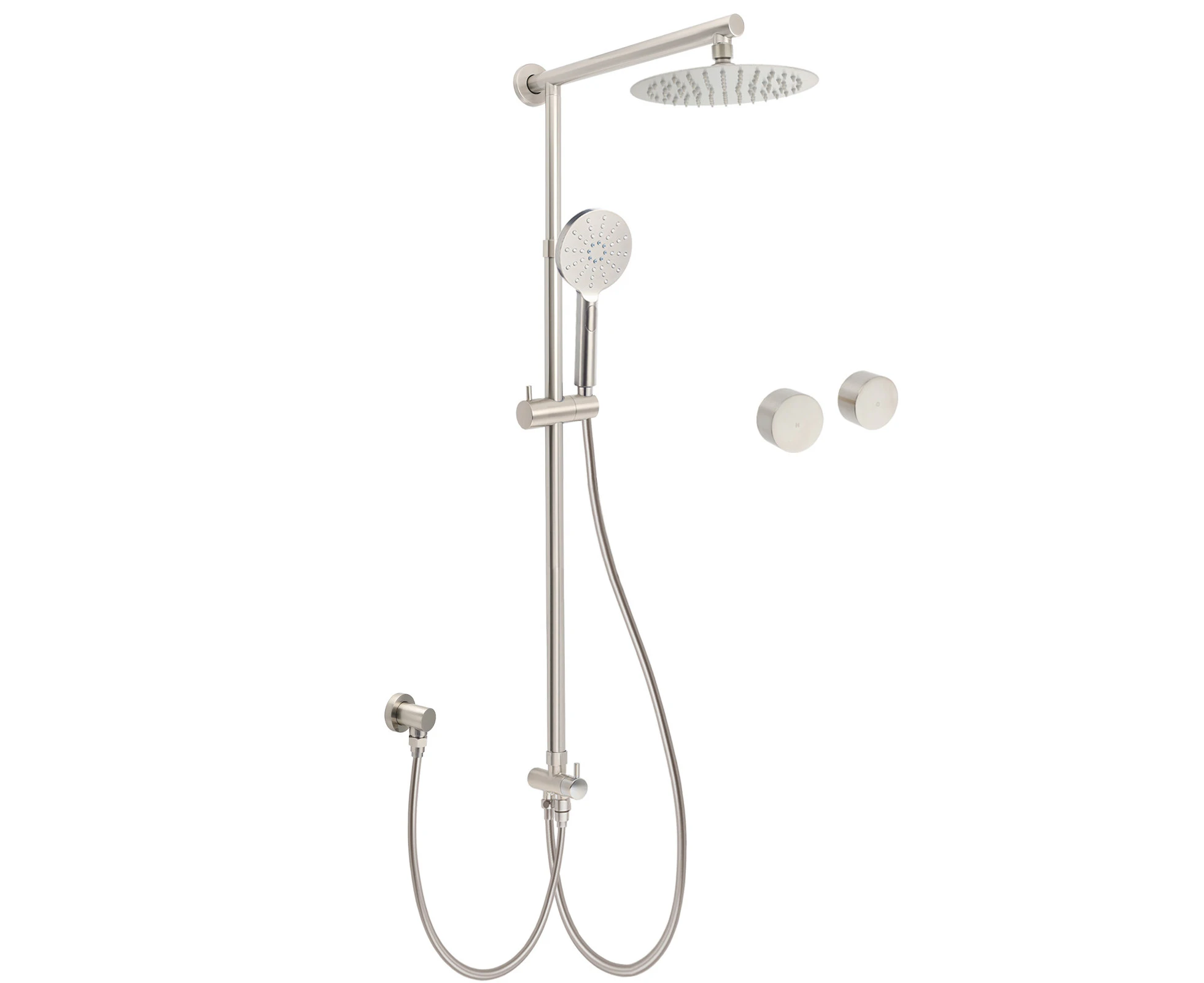 Brushed Nickel Round 8" SUS Rain Head Shower Handheld Sliding Rail Arm Chrome Set + Twin Taps