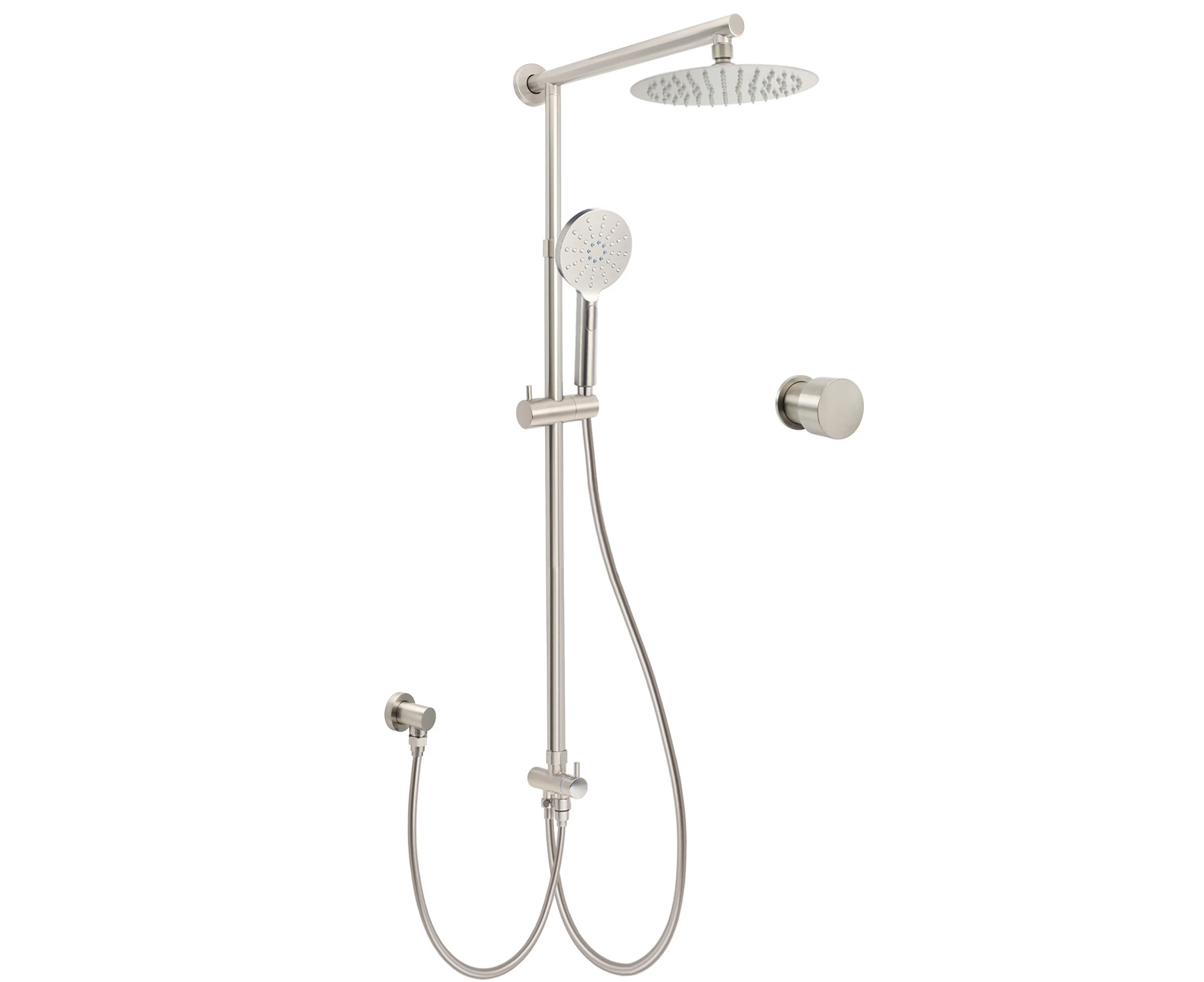 Brushed Nickel 8" Thin Rain Head Twin Shower Handheld Sliding Rail Arm Set With Mixer