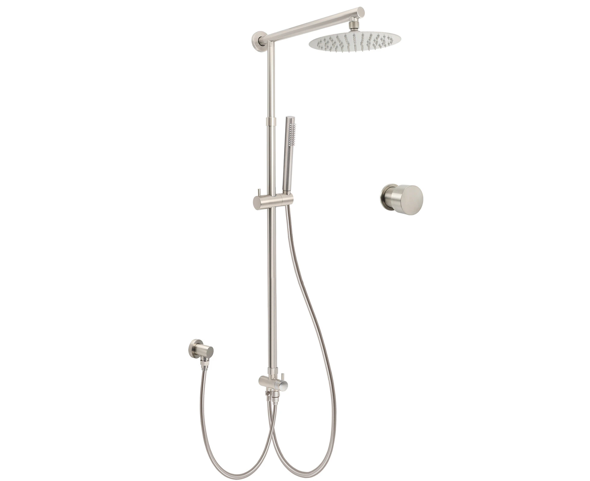 Brushed Nickel 8" Thin Rain Head Twin Shower Metal Handheld Rose Sliding Rail Arm Set With Mixer