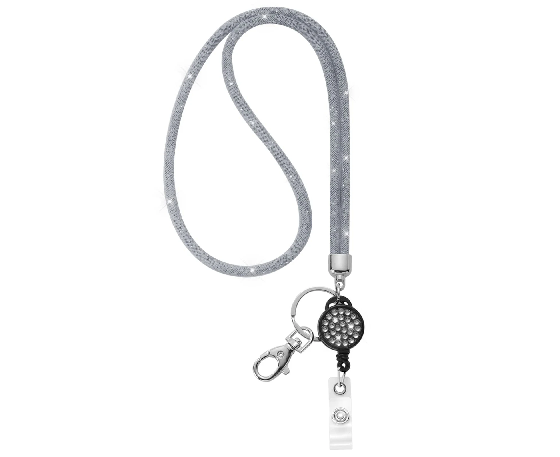 WSECOMM ID Card Lanyard, 32.9" Breakaway Safety Clasp Rhinestone Lanyards Crystal ID Card Holder (Grey, Retractable Badge)