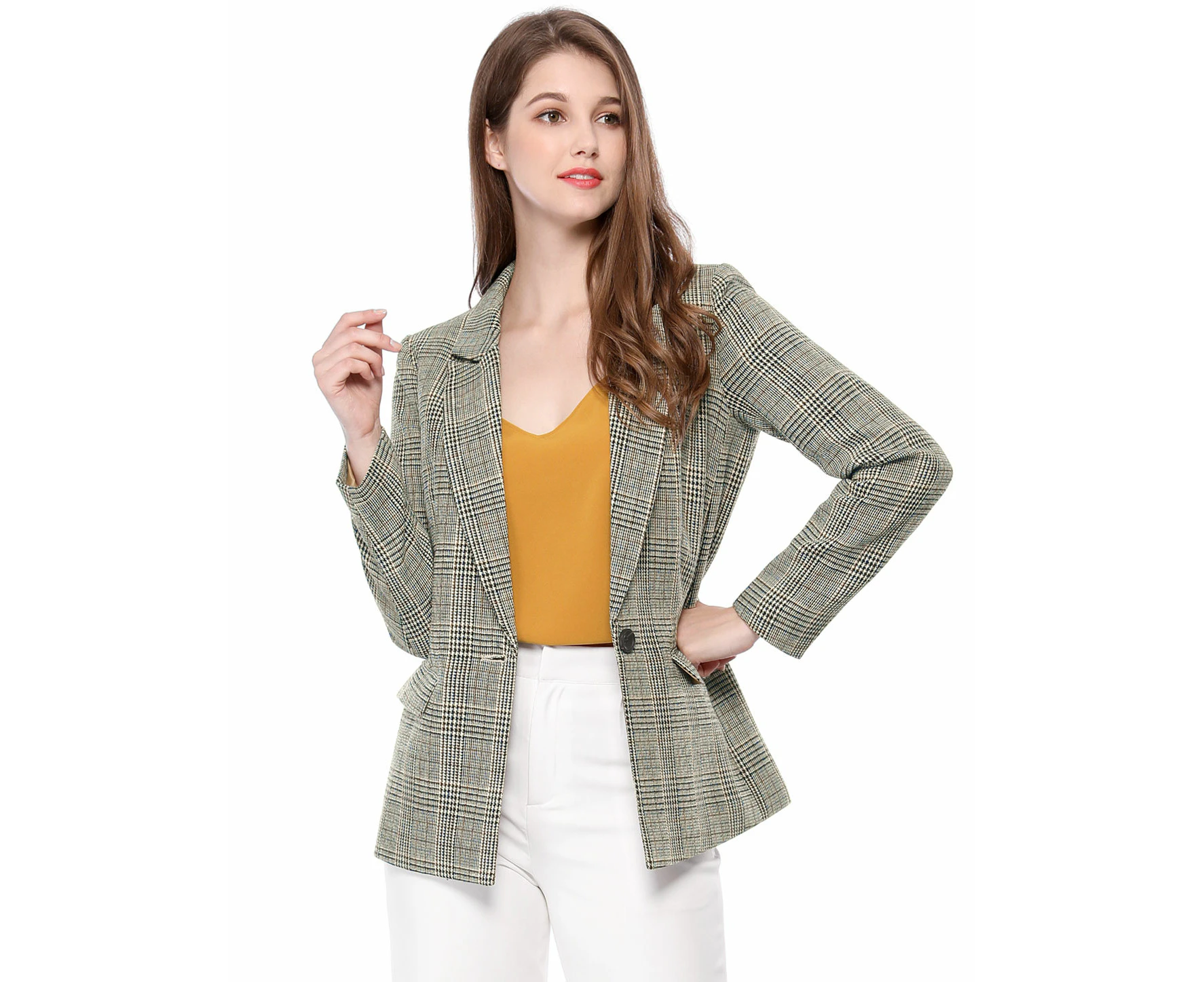 Allegra K Notched Lapel One Button Plaid Blazer