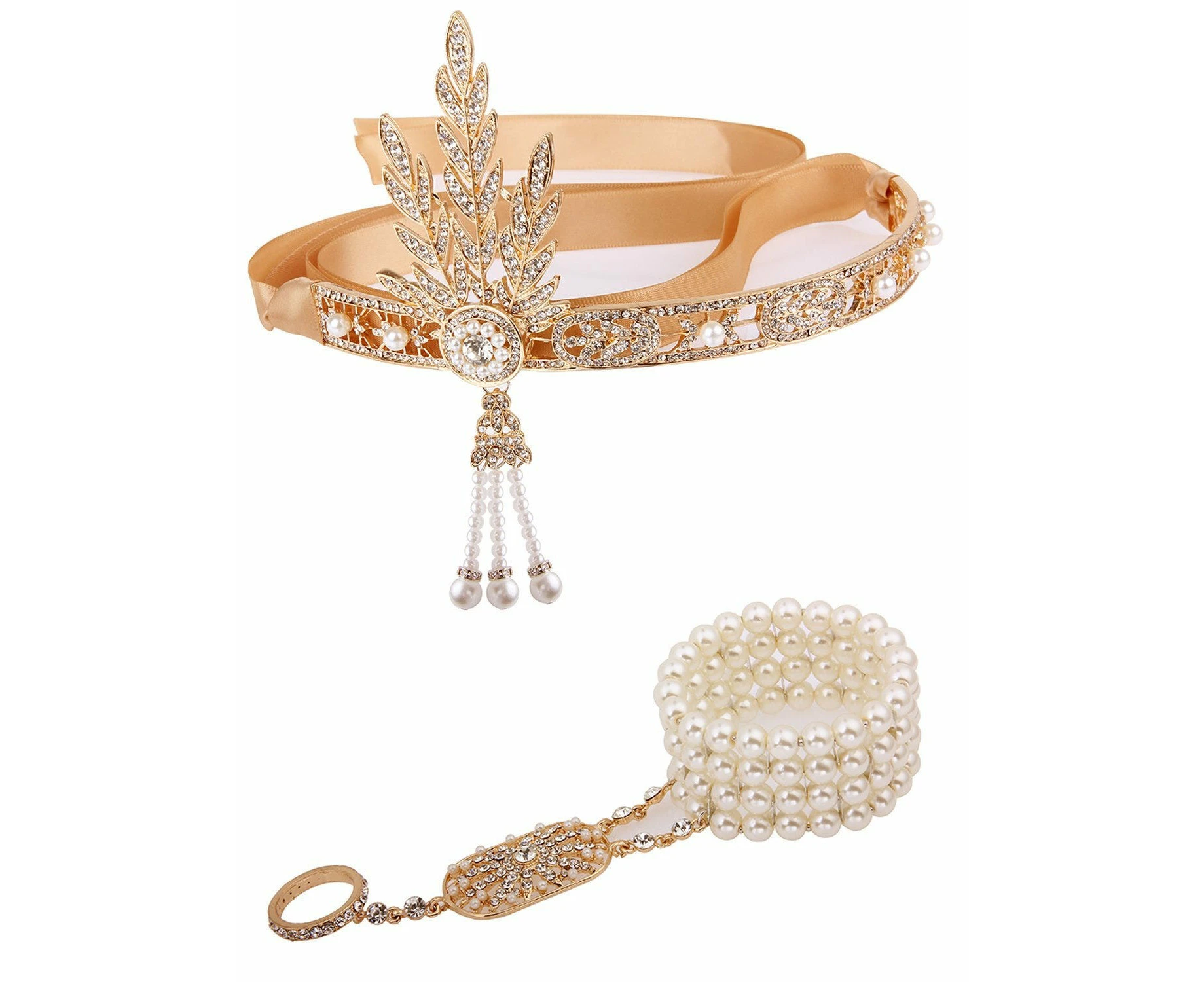 Gold Great Gatsby Deluxe Headpiece Bracelet Ring Set