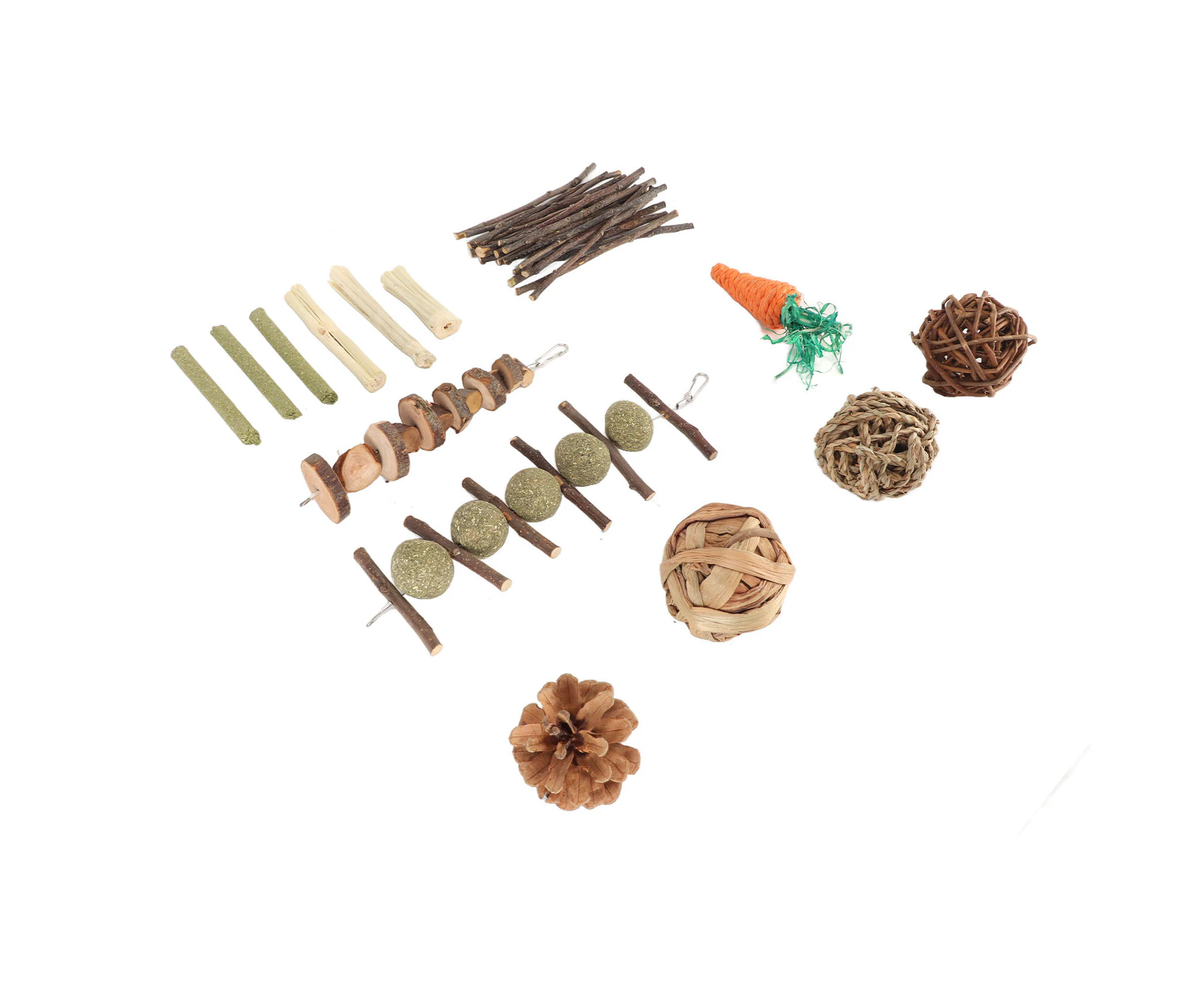 Rabbit Chew Toys Teeth Grinding Grass Ball String Pine Cone Wooden Stick Rabbit Toy Set For Hamster Guinea Pig