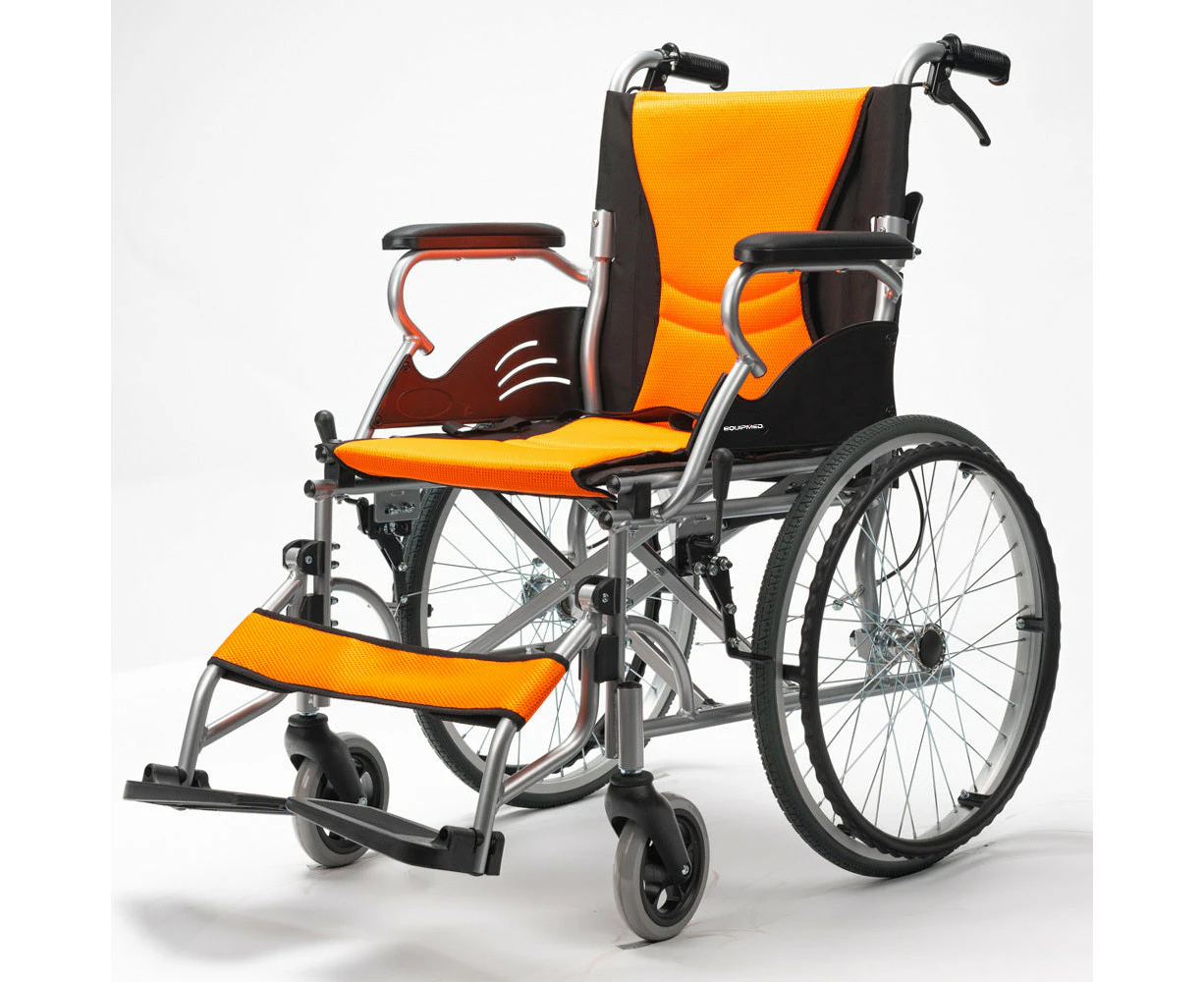 EQUIPMED Folding Aluminium Wheelchair, 20" Wheels, Park Brakes, 100kg Capacity, Orange