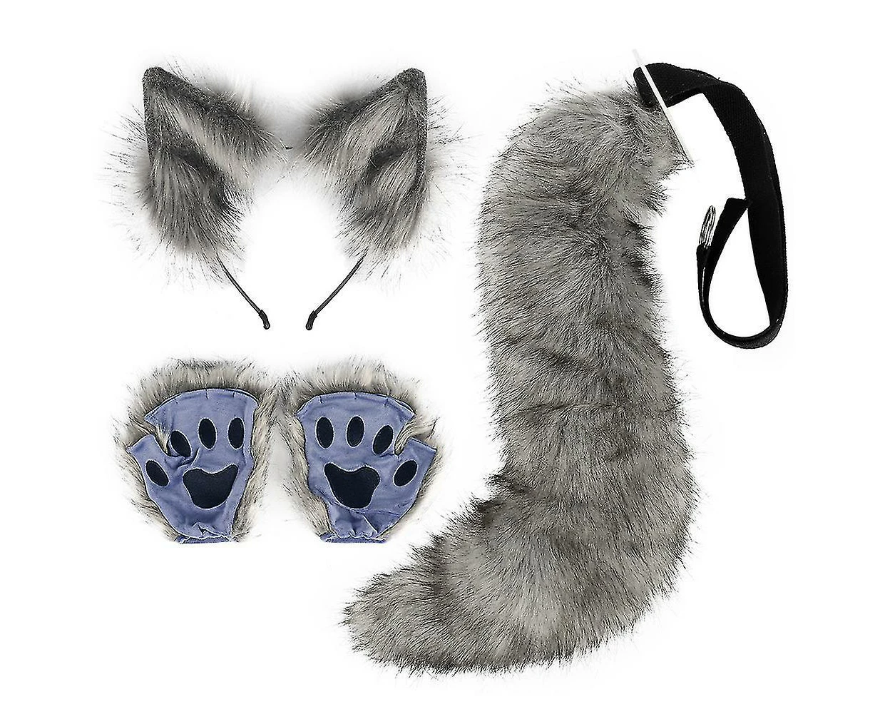 Faux Fur Fox Tail Cat Wolf Cosplay Costume Set Plush Mask Fluffy Paw Gloves Halloween Christmas-hao