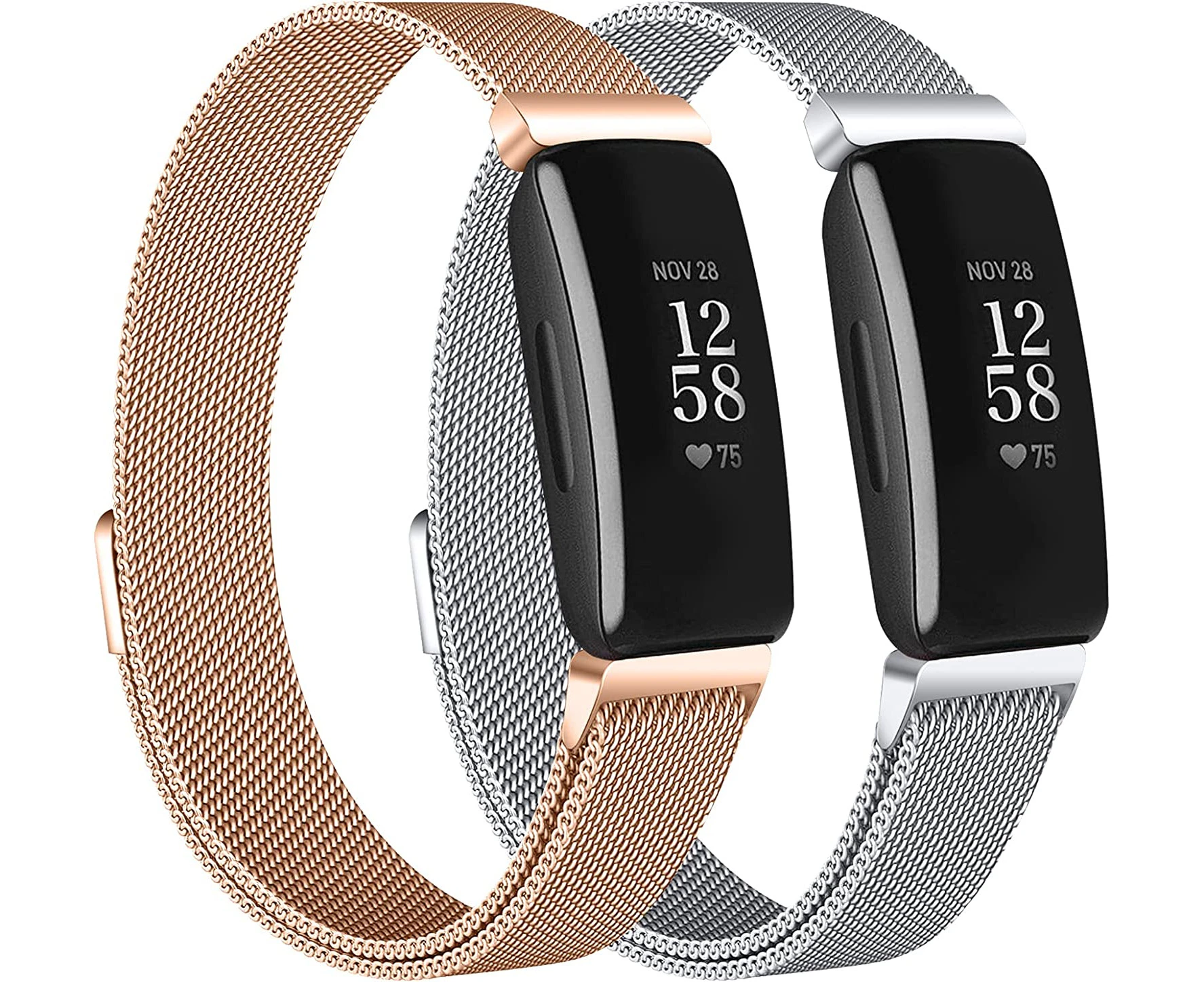 Strap, 2-Pack Bands Compatible With Fitbit Inspire 2/Inspire Hr/Inspire, Stainless Steel Metal Mesh Loop Wristband Replacement - Silver/Rose Gold