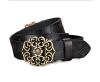 Women's Ethnic Cowhide Belt Leather Belt Women's Wide Retro Lotus Buckle Belt-Black 105cm