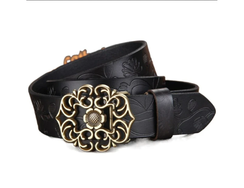 Women's Ethnic Cowhide Belt Leather Belt Women's Wide Retro Lotus Buckle Belt-Black 105cm