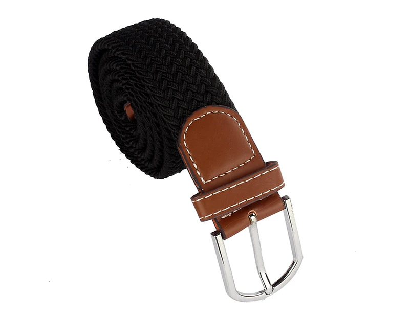 Men Women Fashion Braided Elastic Stretch Metal Buckle Belt Strap-Black