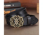 Women's Ethnic Cowhide Belt Leather Belt Women's Wide Retro Lotus Buckle Belt-Black 105cm