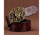 Women's Ethnic Cowhide Belt Leather Belt Women's Wide Retro Lotus Buckle Belt-Black 105cm