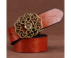 Women's Ethnic Cowhide Belt Leather Belt Women's Wide Retro Lotus Buckle Belt-Black 105cm