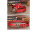 Women's Ethnic Cowhide Belt Leather Belt Women's Wide Retro Lotus Buckle Belt-Black 105cm