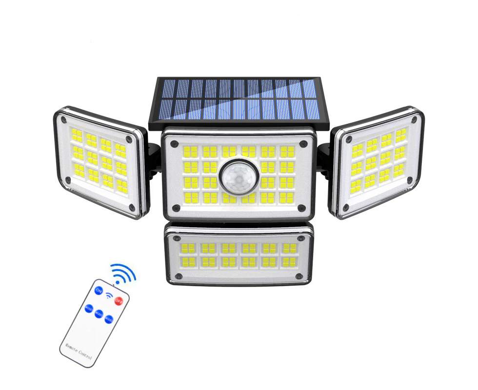 Solar Lights Outdoor 4 Heads, 224 LEDs, 3000LM, with Motion Sensor, IP65 Waterproof, with Remote Control and 3 Modes