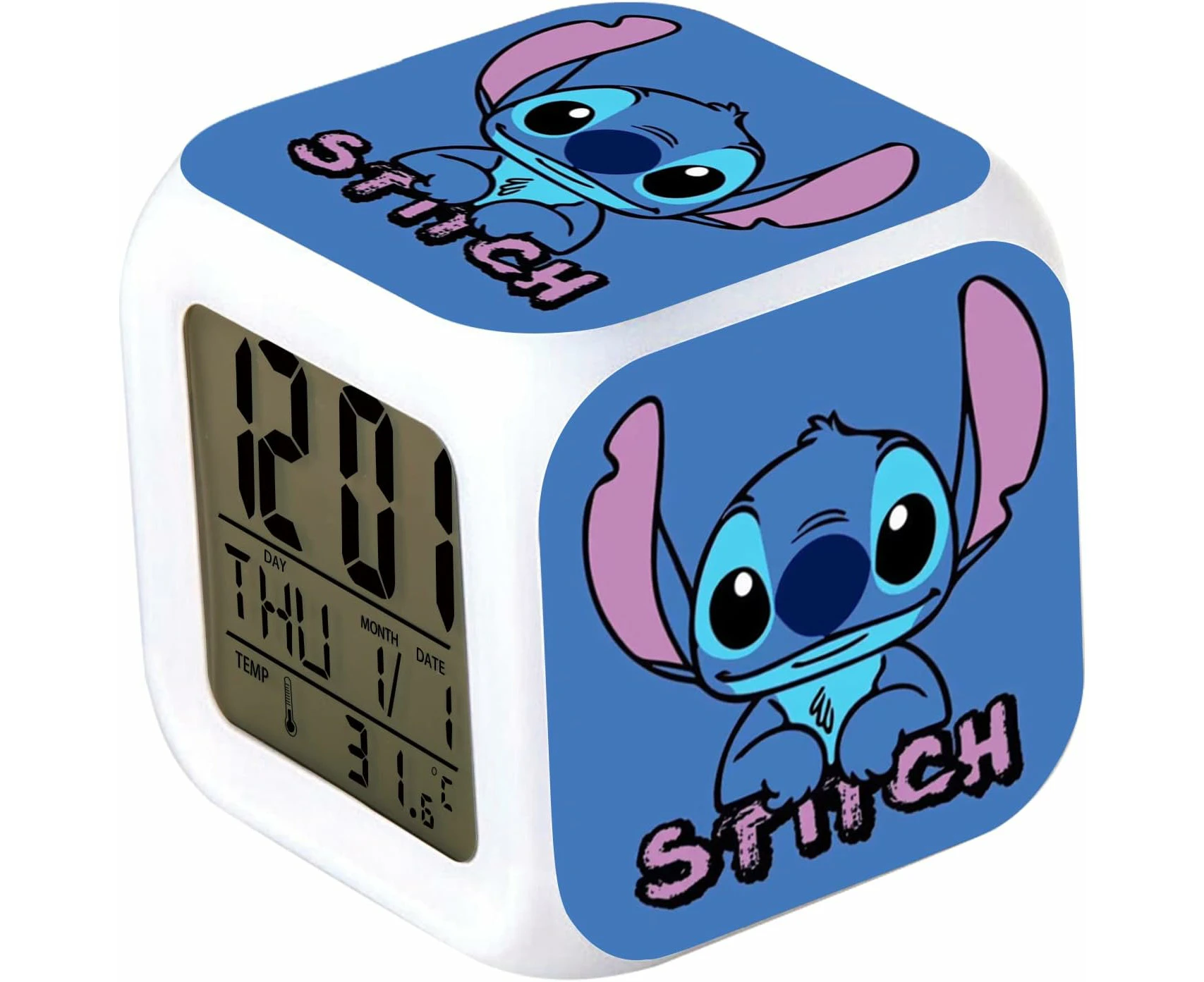 Stitch Digital Alarm Clock with Temperature, Large LED Night Light, Charging Cable, for Girls, Kids, Teens, Gift (Book Ears).