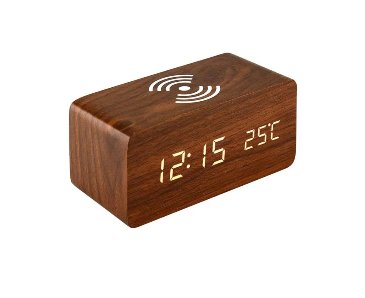 Electronic Alarm Clock-Brown Wood White Letters